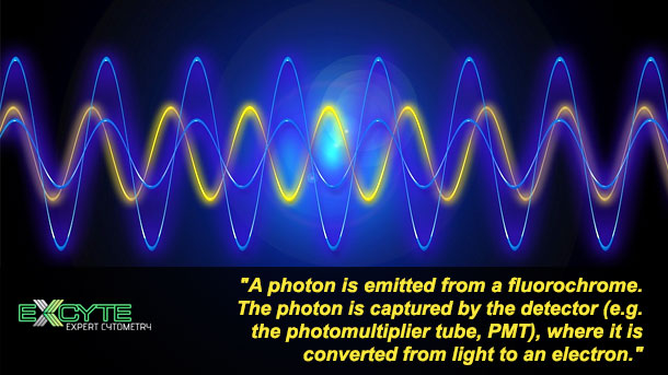 Photons are captured by the detector and converted from light to electrons